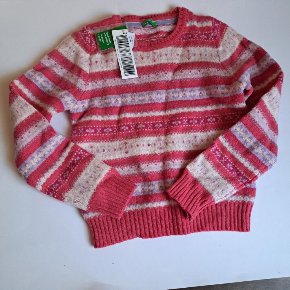 NEW United Colors of Benetton Wool Blend Sweater Girls Large Pink Fair isles 8-9